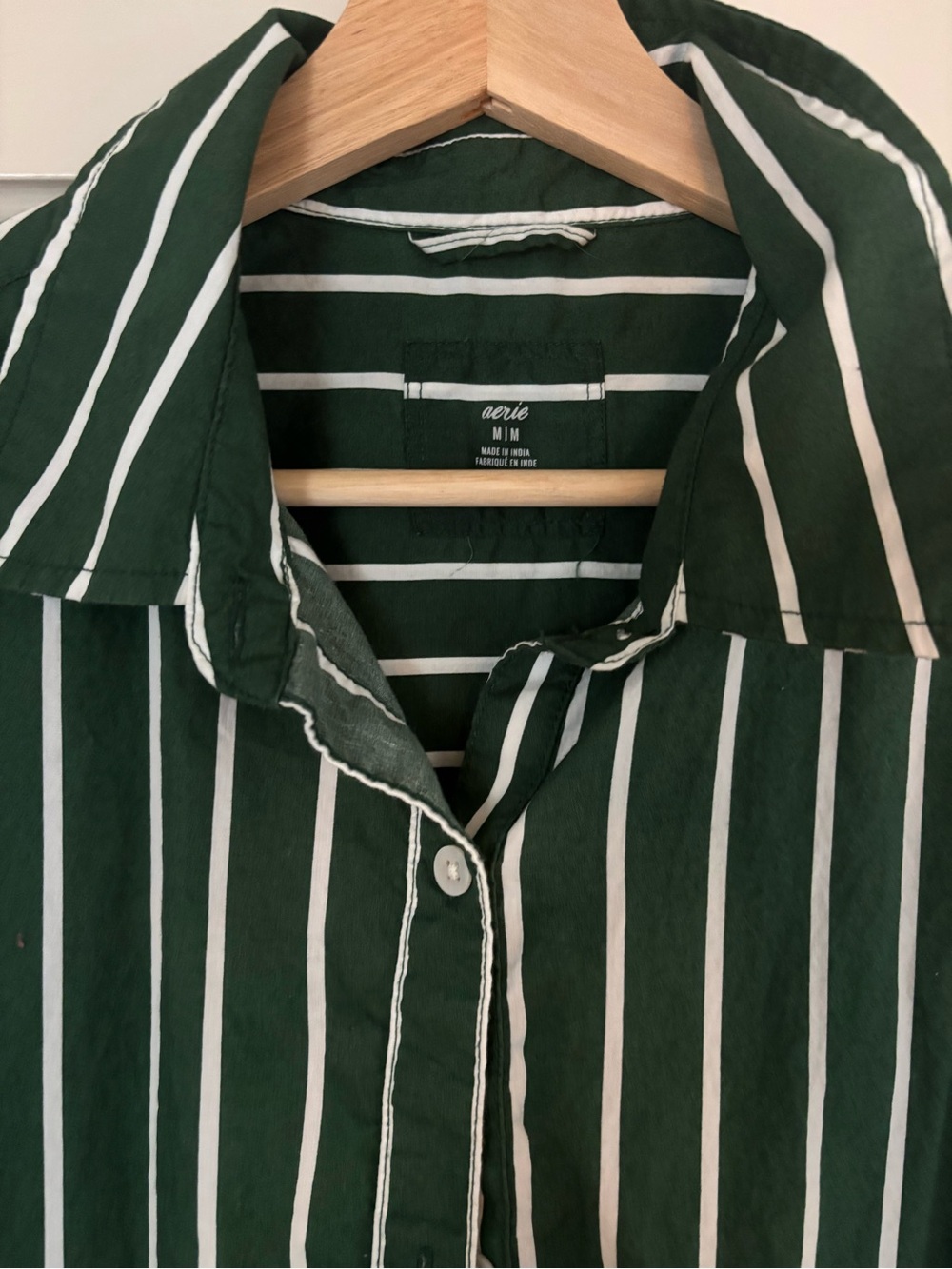 aerie Dark Green and White Vertical Stripe Button-Down Shirt